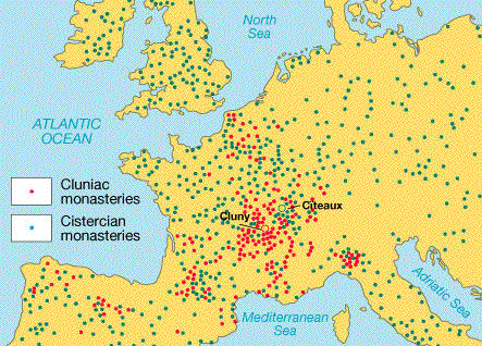 Map showing the location of Clunaic and Cistercian monasteries in Europe c. 1200-1300